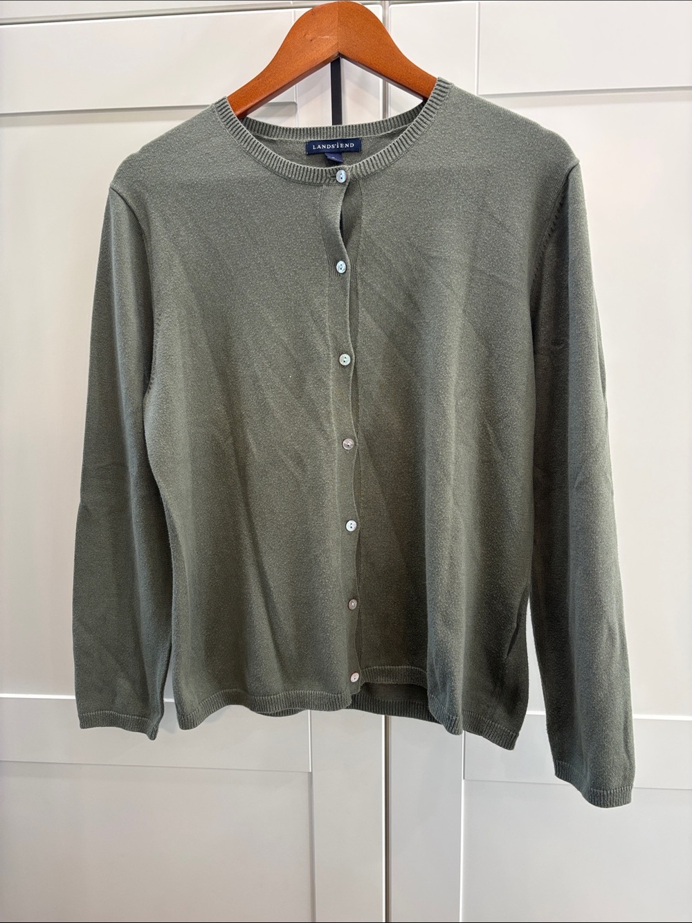 100% Cotton Lands' End Olive Green Button-Front Cardigan